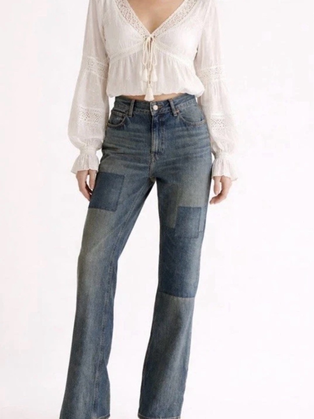 Good American Patchwork Straight Leg Jeans - Medium Blue - Picture 2 of 9